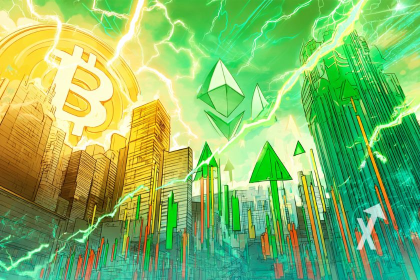 Bitcoin et ethereum coin dans un univers lumineux vert néon avec des fleches vertes et rouges