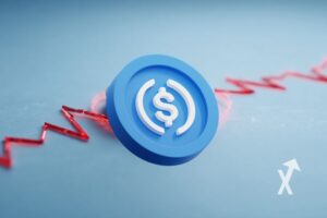 Coin usdc Circle sur un fond bleu avec trendline rouge
