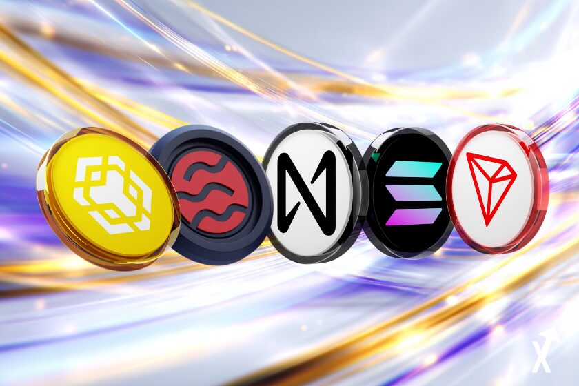 tron bnb sei solana near coins sur fond coloré univers blockchain