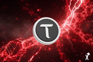 Réseau blockchain explosant avec une énergie rouge électrique, nœuds néon rouges lumineux et chaînes se fracturant dans l'espace numérique, éclairs dramatiques, ultra-détaillé, cinématographique, 8K, fond sombre avec une lumière rouge électrique intense, illustration éditoriale crypto tao bittensor coin