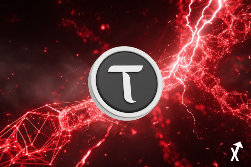 Réseau blockchain explosant avec une énergie rouge électrique, nœuds néon rouges lumineux et chaînes se fracturant dans l'espace numérique, éclairs dramatiques, ultra-détaillé, cinématographique, 8K, fond sombre avec une lumière rouge électrique intense, illustration éditoriale crypto tao bittensor coin