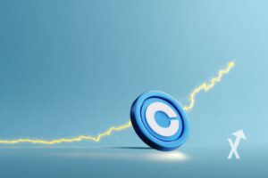 coin coinbase sur un fond bleu avec trendline jaune qui monte