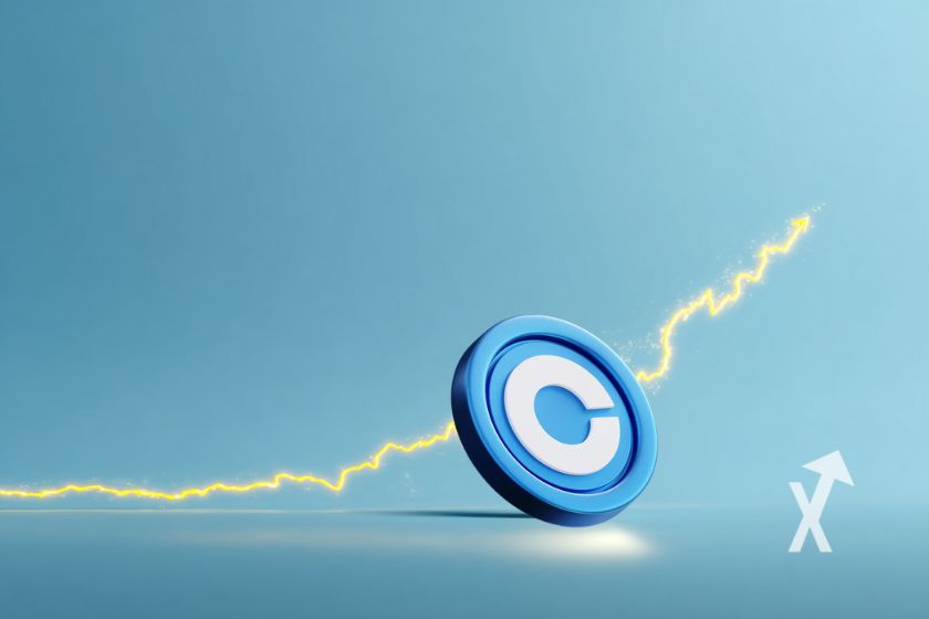 coin coinbase sur un fond bleu avec trendline jaune qui monte