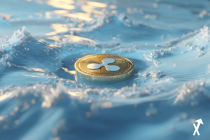Token XRP flottant dans un océan bleu électrique apaisé, rayons de lumière dorés perçant la surface depuis le haut, fond blanc et bleu épuré, vagues d'énergie dynamiques entourant la pièce, ultra-détaillé, style éditorial isométrique, lueur néon douce, 8K, sans texte, lumineux et propre
