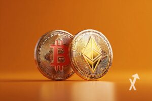 Bitcoin et ethereum coin sur un fond orange
