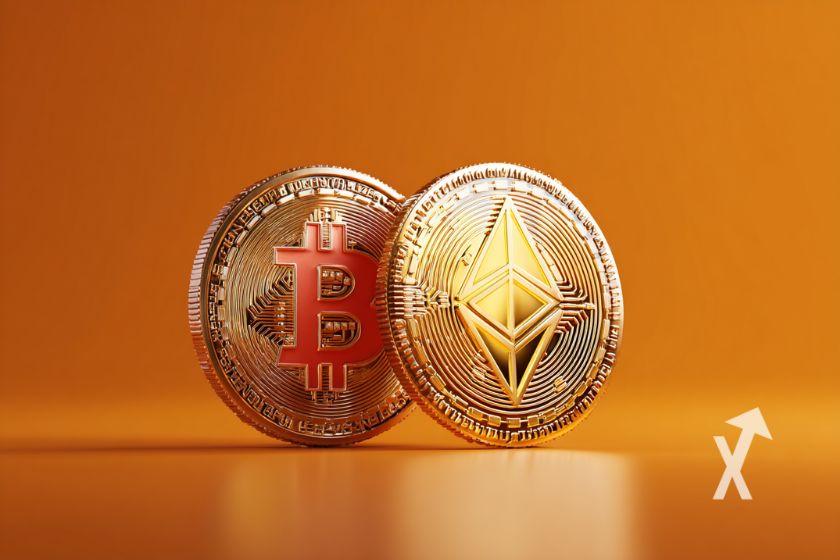 Bitcoin et ethereum coin sur un fond orange