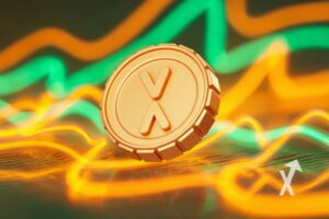 coin XRP sur un fond avec des lignes néons oranges et vertes
