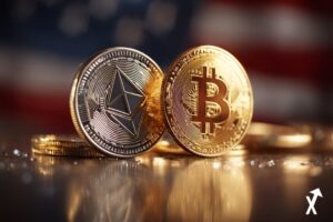 Deux pièces de cryptomonnaie scintillantes — Ethereum et Bitcoin — au premier plan, surfaces métalliques photoréalistes qui captent la lumière. En arrière-plan, les drapeaux américain et iranien fondus ensemble, légèrement floutés. Fond lumineux, lumière éclatante et dorée,