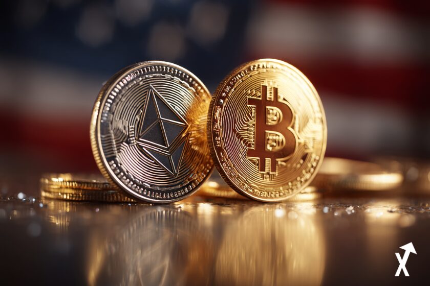 Deux pièces de cryptomonnaie scintillantes — Ethereum et Bitcoin — au premier plan, surfaces métalliques photoréalistes qui captent la lumière. En arrière-plan, les drapeaux américain et iranien fondus ensemble, légèrement floutés. Fond lumineux, lumière éclatante et dorée,