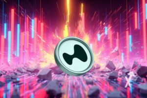 Hyperliquid coin sur un fond rose et sombre et avec des bougies rouges autour, crash