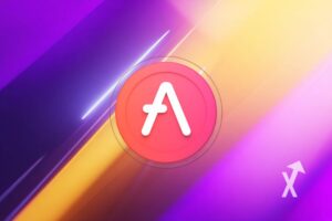 Aave coin sur un fond violer et jaune style futuriste