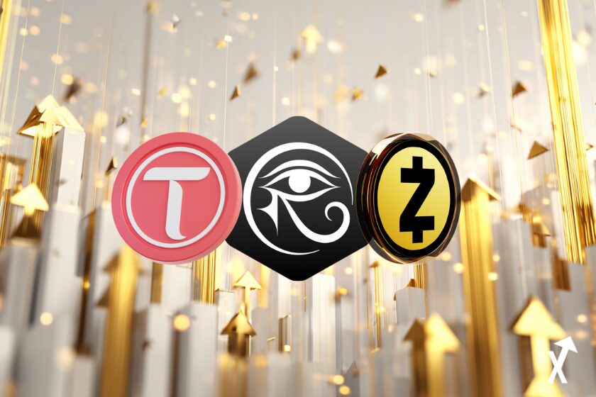 Espace numérique lumineux blanc et or, arrière-plan épuré et minimaliste, rayons de lumière doux, flux de données financières, flèches haussières et baissières, visuel éditorial crypto professionnel, ultra net, 4K, style éditorial, atmosphère lumineuse et propre, pas de tons sombres tao zcash et curvedao coins