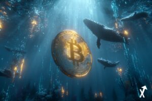 Grande pièce Bitcoin lumineuse au premier plan, entourée de flux de données et de silhouettes de baleines, espace numérique blanc et or, arrière-plan épuré, rayons de lumière doux, flèches haussières, visualisations de données on-chain, visuel éditorial crypto professionnel, ultra net, 4K, atmosphère lumineuse, pas de tons sombres.