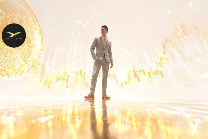 Illustration vue de loin d'un jeune entrepreneur crypto asiatique, corps entier, costume moderne élégant, pose assurée, éclairage studio doux, arrière-plan numérique blanc et or avec flux de données blockchain et graphiques lumineux, style éditorial épuré minimaliste, ultra net, 4K, sans texte, atmosphère lumineuse, angle large wlfi