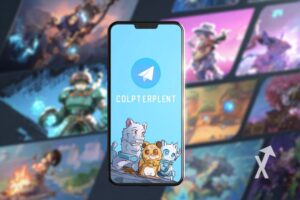 Iphone avec écran telegram et des personnages de jeux vidéos en fond
