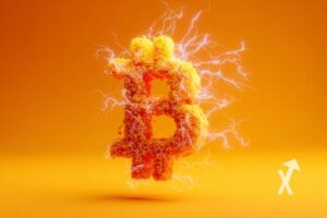 Bitcoin logo orange en explosion avec électricité sur un fond orange