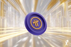 Pièce Pi Network lumineuse flottant dans un espace numérique blanc et or, entourée de code de smart contracts, visuels de tokenisation RWA et skyline de Wall Street en arrière-plan, style éditorial épuré, rayons de lumière doux, flux de données blockchain, énergie haussière, ultra net, 4K, atmosphère lumineuse et propre, pas de tons sombres.