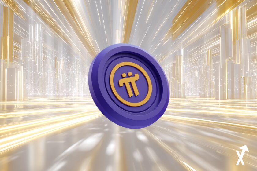 Pièce Pi Network lumineuse flottant dans un espace numérique blanc et or, entourée de code de smart contracts, visuels de tokenisation RWA et skyline de Wall Street en arrière-plan, style éditorial épuré, rayons de lumière doux, flux de données blockchain, énergie haussière, ultra net, 4K, atmosphère lumineuse et propre, pas de tons sombres.