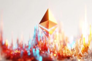 logo ethereum en or sur un fond gris avec bougies rouges et vertes