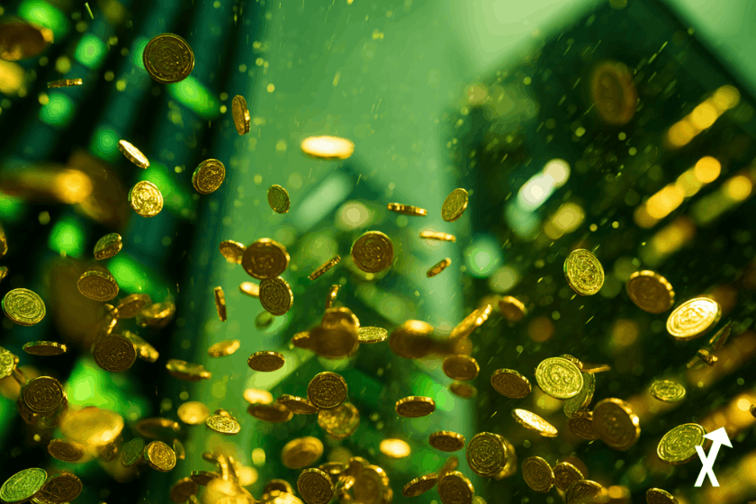 pièces dorées et argentées tombant en pluie depuis un ciel lumineux teinté de vert au-dessus d'un quartier financier, pièces en mouvement, éclairage atmosphérique émeraude et vert néon, ambiance euphorique et pleine d'espoir, sensation de mouvement ascendant, sans logo, sans texte, photoréaliste.