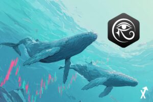 Illustration numérique vue large, immenses baleines nageant sous une surface océanique bleu clair et cristalline, au-dessus de l'eau un graphique en chandeliers verts haussiers montant fortement vers le haut ravedao coin