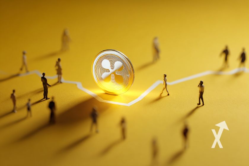 Xrp coin sur un fond jaune avec des petits bonhommes autour