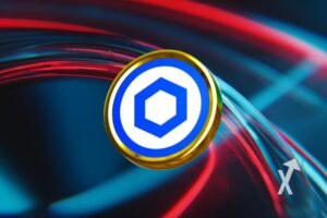 chainlink LINK coin sur un fond bleu nui avec néons rouges et bleus