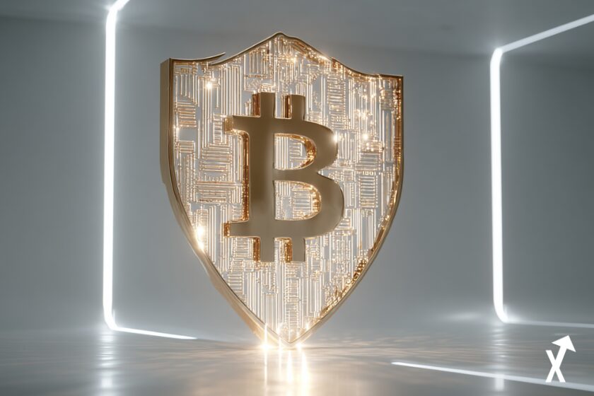 Bouclier Bitcoin lumineux se défendant contre des faisceaux laser d'ordinateur quantique, espace numérique blanc et or lumineux, motifs de circuits quantiques en arrière-plan, visualisation de chronologie en trois phases, style éditorial épuré minimaliste, rayons de lumière doux, ultra net, 4K, atmosphère lumineuse et propre, pas de tons sombres, sans texte.