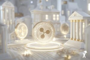Pièce XRP lumineuse entourée de boucliers cryptographiques Zero-Knowledge et silhouettes de bâtiments bancaires institutionnels, espace numérique blanc et or lumineux, motifs de circuits ZK et symboles de conformité en arrière-plan, style éditorial épuré minimaliste, rayons de lumière doux, ultra net, 4K, atmosphère lumineuse et propre, pas de tons sombres, sans texte.