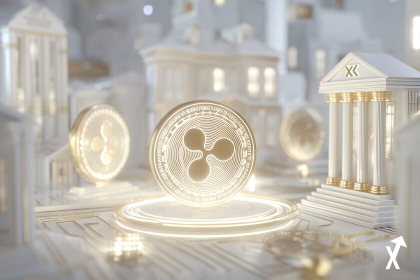 Pièce XRP lumineuse entourée de boucliers cryptographiques Zero-Knowledge et silhouettes de bâtiments bancaires institutionnels, espace numérique blanc et or lumineux, motifs de circuits ZK et symboles de conformité en arrière-plan, style éditorial épuré minimaliste, rayons de lumière doux, ultra net, 4K, atmosphère lumineuse et propre, pas de tons sombres, sans texte.