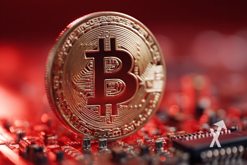 coin Bitcoin sur un fond rouge avec puce quantique