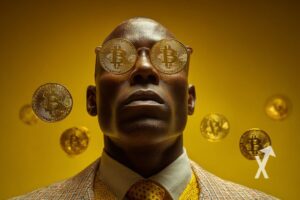 Arthur hayes avec des lunettes bitocin sur un fond jaune avec des bitcoin qui volent