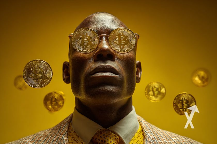 Arthur hayes avec des lunettes bitocin sur un fond jaune avec des bitcoin qui volent