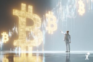 Analyste financier confiant désignant des graphiques Bitcoin et S&P 500 lumineux montant simultanément, espace numérique blanc et or, trois icônes de signaux haussiers flottants, symboles Wall Street et crypto fusionnés, style éditorial épuré minimaliste, rayons de lumière doux, ultra net, 4K, atmosphère lumineuse et propre, pas de tons sombres, sans texte.