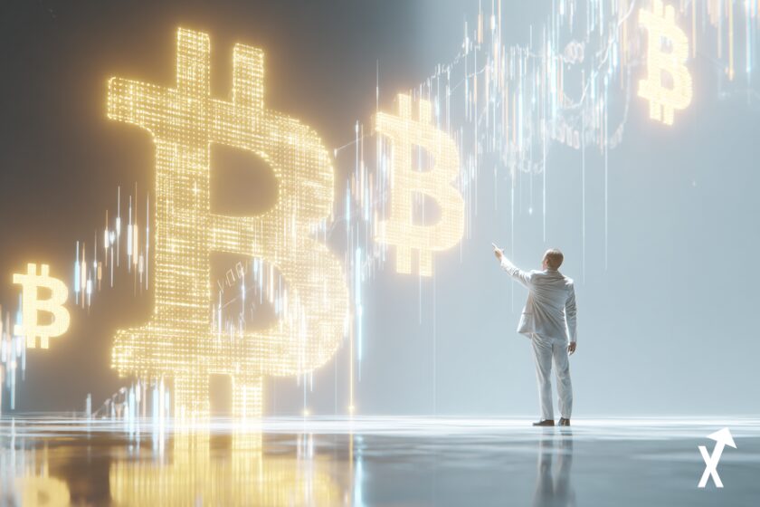Analyste financier confiant désignant des graphiques Bitcoin et S&P 500 lumineux montant simultanément, espace numérique blanc et or, trois icônes de signaux haussiers flottants, symboles Wall Street et crypto fusionnés, style éditorial épuré minimaliste, rayons de lumière doux, ultra net, 4K, atmosphère lumineuse et propre, pas de tons sombres, sans texte.