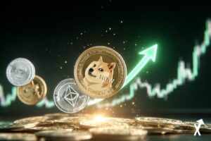 Pièce Dogecoin Shiba Inu lumineuse décollant vers le haut avec une flèche verte, laissant derrière elle les pièces Bitcoin et Ethereum, espace numérique blanc et or lumineux, graphique de prix avec label +4,5%, silhouettes de traders retail en arrière-plan, style éditorial épuré minimaliste, rayons de lumière doux, ultra net, 4K, atmosphère lumineuse et propre, pas de tons sombres, sans texte.