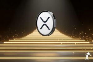 Pièce XRP lumineuse à la base d'une échelle chaque palier marqué par des jalons d'adoption institutionnelle, réseau SWIFT remplacé par des flux blockchain, espace numérique blanc et or, style éditorial épuré minimaliste, rayons de lumière doux, ultra net, 4K, atmosphère lumineuse et propre, pas de tons sombres, sans texte.