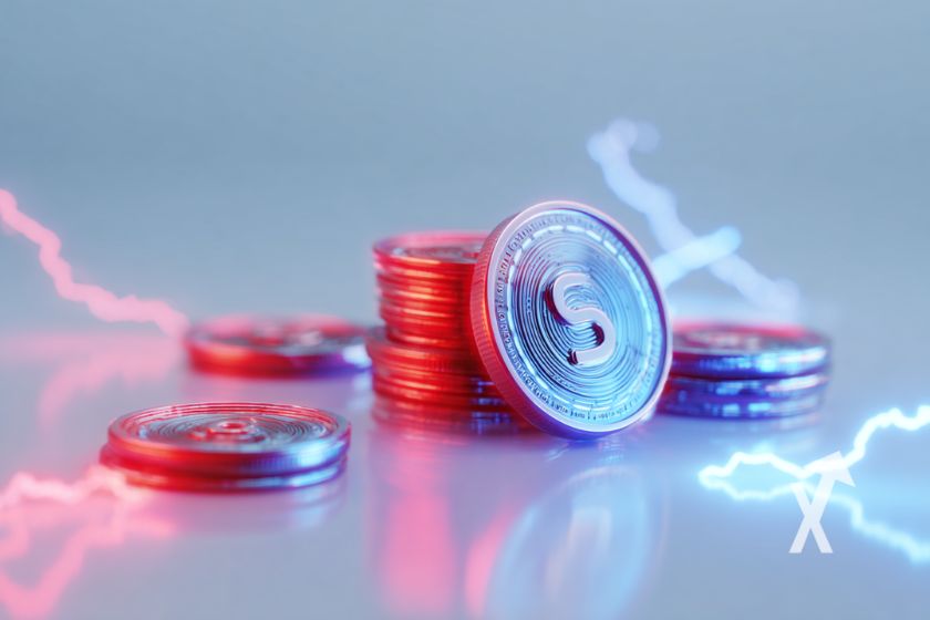 coin solana sol sur un fond gris avec électricité bleue et rouge autour