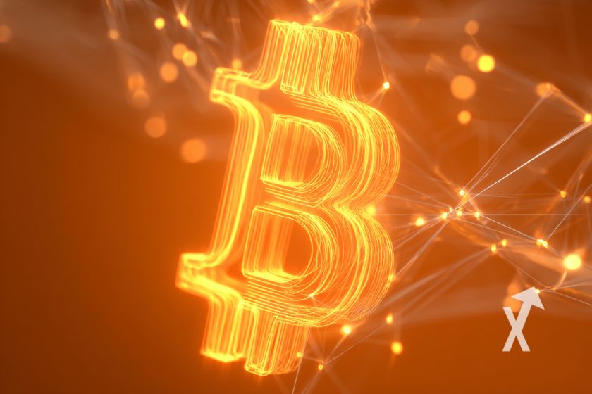 Bitcoin logo en lumière orange sur un fond orange foncé avec des faisceaux lumineux