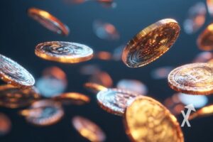 crypto tokens qui volent dans un fond bleu nuit