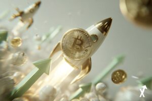 Une pièce de Bitcoin dorée montée sur une fusée blanche et dorée en plein décollage, entourée de flèches vertes ascendantes, de sphères dorées et blanches flottantes, sur fond clair — symbolisant la hausse et l'envol du Bitcoin.