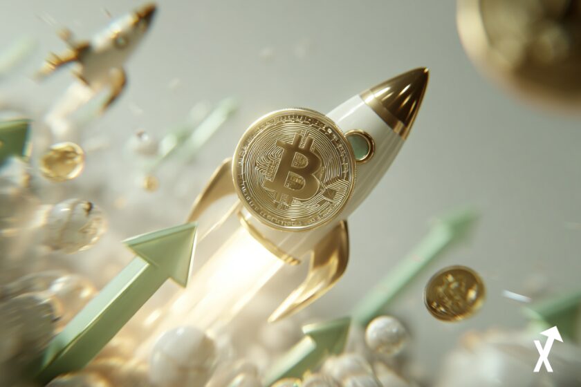 Une pièce de Bitcoin dorée montée sur une fusée blanche et dorée en plein décollage, entourée de flèches vertes ascendantes, de sphères dorées et blanches flottantes, sur fond clair — symbolisant la hausse et l'envol du Bitcoin.