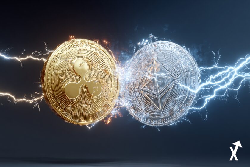 Deux grandes pièces dorées, XRP à gauche et Ethereum à droite, flottant dans les airs sur un fond bleu électrique profond, éclairs blancs et bleus qui crépitent entre les pièces, arcs électriques, reflets métalliques dorés, éclairage cinématique dramatique, ultra-détaillé