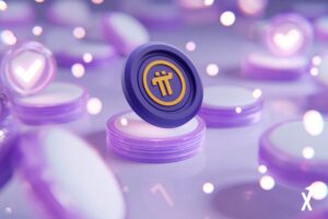Une grande pièce Pi dorée flottant dans une lumière douce, entourée de badges boucliers violets lumineux et de coches de vérification, fond blanc et violet clair