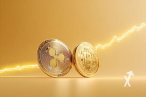 coin Bitcoin et XRP sur un fond orange avec trendline jaune