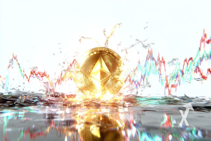 ethereum coin sur un fond blanc avec trendline rouge et verte de bougies sur un sol acier argent