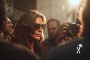 Caitlyn Jenner avec des lunettes de soleil entouré de papparazzi