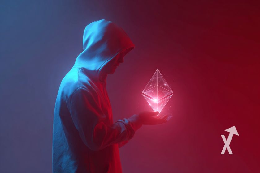 homme en capuche qui tiens un logo ethereum rouge sur un fond rouge