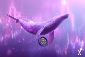 Une grande pièce Pi dorée et lumineuse flottant au centre de l'image, une majestueuse silhouette de baleine en dessous nageant à travers des flux de tokens holographiques violets, fond blanc et violet doux, barres de graphique de prix en hausse dans des tons violets, style éditorial crypto minimaliste, lumière vive et aérée, ultra-détaillé 8K, sans tons sombres, profondeur de champ cinématique, esthétique visualisation de données
