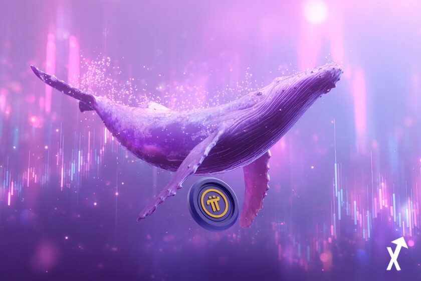 Une grande pièce Pi dorée et lumineuse flottant au centre de l'image, une majestueuse silhouette de baleine en dessous nageant à travers des flux de tokens holographiques violets, fond blanc et violet doux, barres de graphique de prix en hausse dans des tons violets, style éditorial crypto minimaliste, lumière vive et aérée, ultra-détaillé 8K, sans tons sombres, profondeur de champ cinématique, esthétique visualisation de données